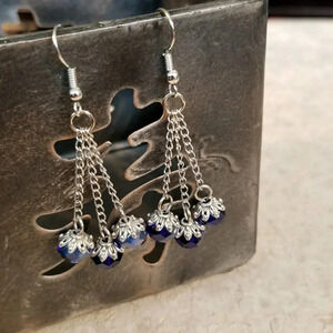 Triple Chained Blue Crystal Swingy Earrings